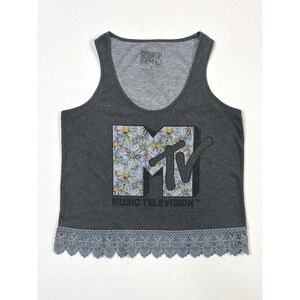 MTV Tank Top Women's Small Lace Trim Floral Logo Music Summer Charcoal Heather